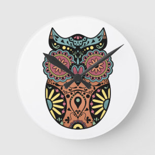 Sugar Skull Owl Color Runde Wanduhr
