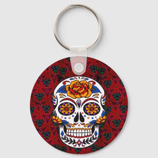 Sugar Skull Red Floral Cinco de Mayo Schlüsselanhänger (Vorderseite)