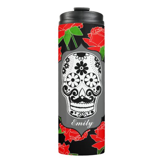 Sugar Skull & Rote Rosen Dia De Los Muertos Thermosbecher (Vorderseite)