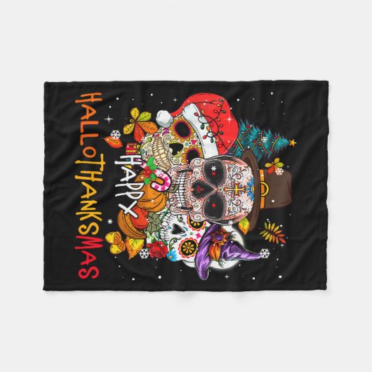 Sugar-skull Skeleton Halloween Xmas Happy Hallotha Fleecedecke (Vorderseite (Horizontal))