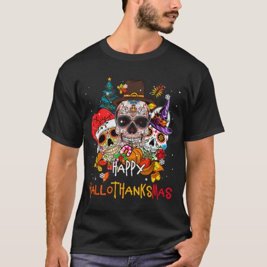 Sugar-skull Skeleton Halloween Xmas Happy Hallotha T-Shirt (Vorderseite)