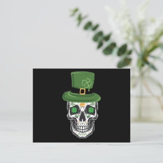 Sugar Skull St Patrick Day Leprechaun Kleeblatt Postkarte (Stehend Vorderseite)