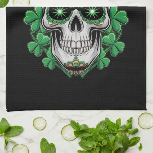 Sugar Skull St Patrick Day Lucky Kleeblatt Geschirrtuch (Gefaltet)