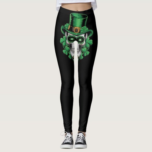 Sugar Skull St Patrick Day Lucky Kleeblatt Leggings (Vorderseite)