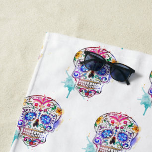 Sugar Skull Wasserfarbe Tattoo Kunstmuster Cool Strandtuch