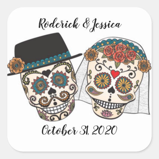 Sugar Skull Wedding Quadratischer Aufkleber (Vorderseite)