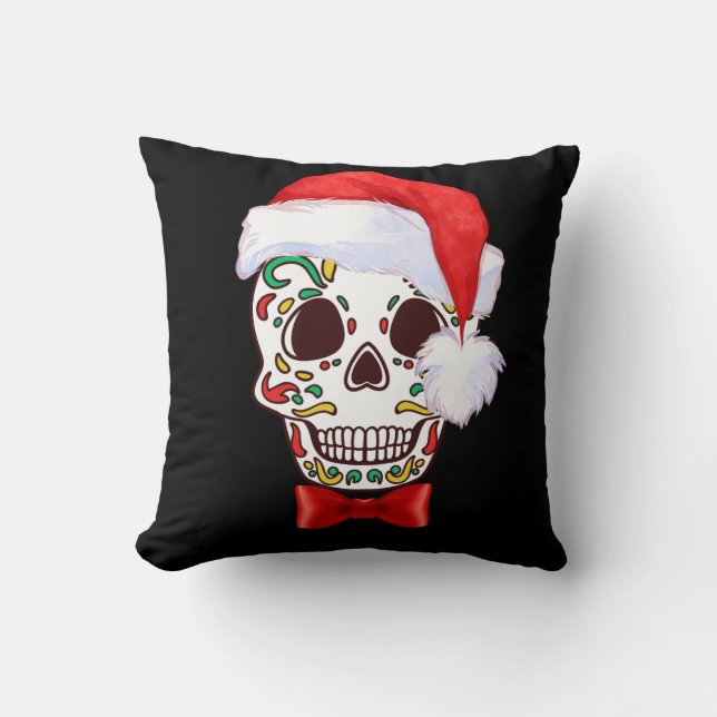 Sugar Skull Weihnachtskissen mit Weihnachtsmannmüt Kissen (Vorderseite)