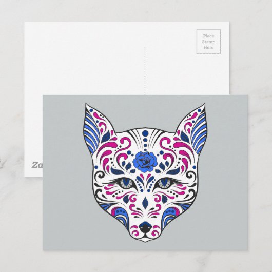 Sugar Skull Wolf Head Blue Lila Postkarte (Vorne/Hinten)