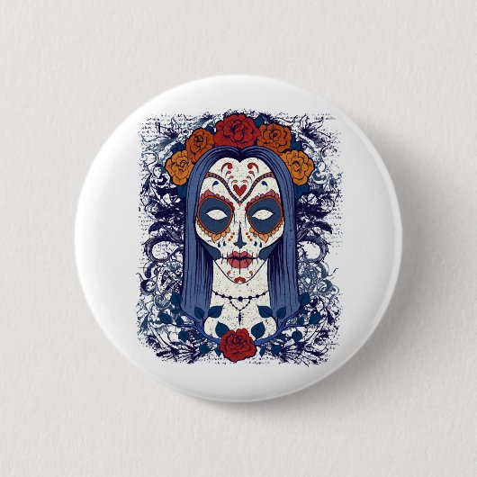 Sugar Skull Woman Halloween Tag der Toten Button (Vorderseite)