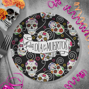 Sugar Skulls and Swirls Rose Black ID725 Pappteller