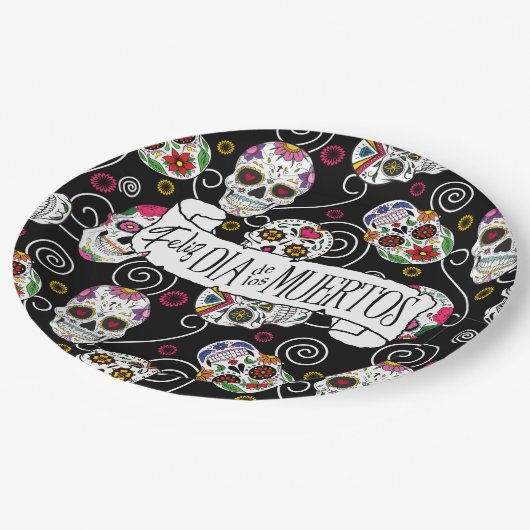 Sugar Skulls and Swirls Rose Black ID725 Pappteller (Schrägansicht)