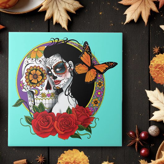 Sugar Skulls Art Nouveau Fliese