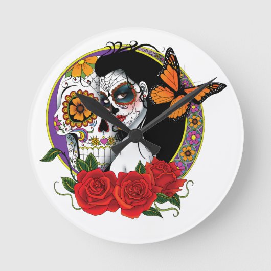 Sugar Skulls Art Nouveau Runde Wanduhr (Vorderseite)