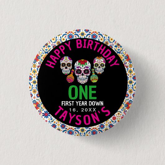 Sugar Skulls Day 1st Birthday Party Colorful Día Button (Vorderseite)
