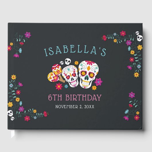 Sugar Skulls Day of the Dead Theme Birthday Party Gästebuch (Vorderseite)