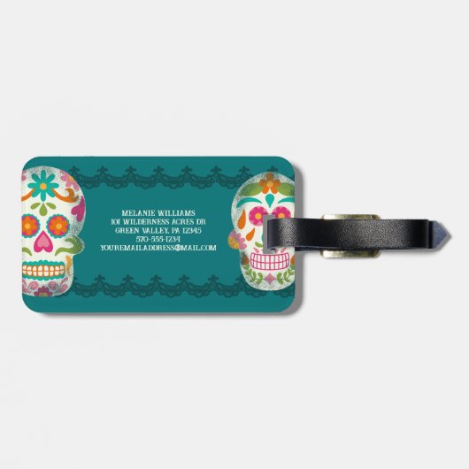 Sugar Skulls Dia De Los Muertos Mit Monogramm Gepäckanhänger (Rückseite horizontal)