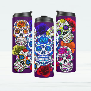 Sugar Skulls Farbenfrohe Rose Cinco Alle Soule Thermosbecher