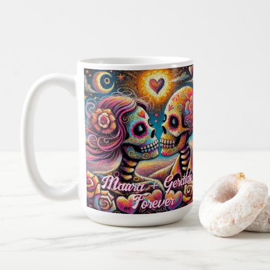 Sugar Skulls in Love Chalk Pastel Personalized Kaffeetasse (Mit Donut)