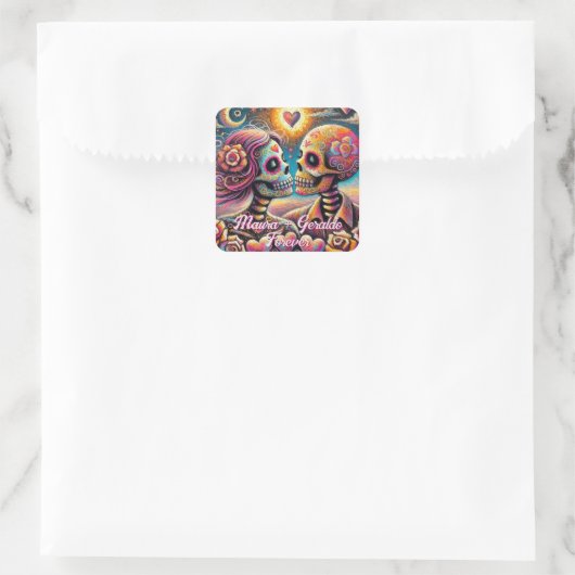 Sugar Skulls in Love Chalk Pastel Personalized Quadratischer Aufkleber (Tasche)