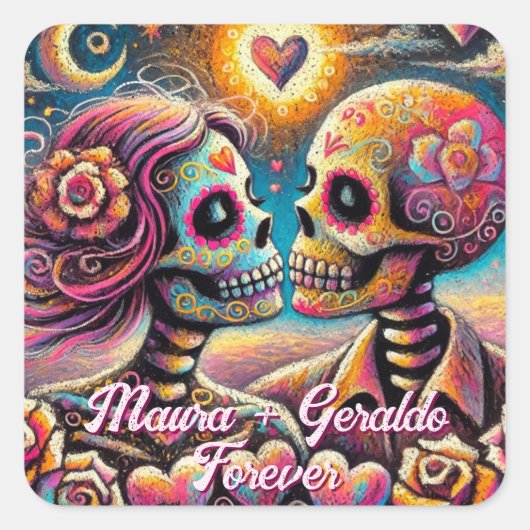 Sugar Skulls in Love Chalk Pastel Personalized Quadratischer Aufkleber (Vorderseite)