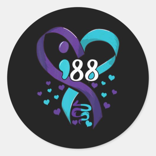 Suicide Prevention Awareness 988 Heart Teal And Pu Runder Aufkleber (Vorderseite)