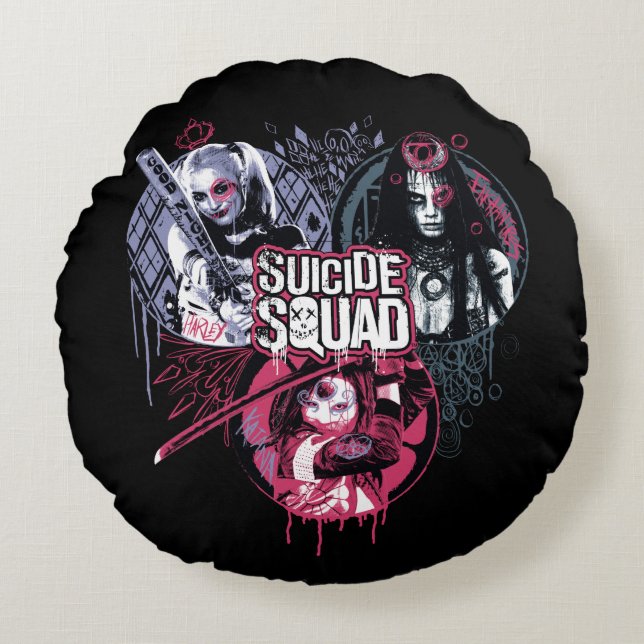 Suicide Squad | Squad Girls Graffiti Abzeichen Rundes Kissen (Vorderseite)