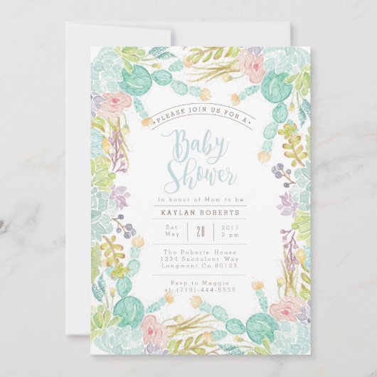 Sukkulärer Garten Wasserfarbe | Kinderdusche Einla Einladung (Vorderseite)