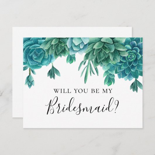 Sukkulent wirst du meine Brautjungfrau sein. Blaue Postkarte (Vorne/Hinten)