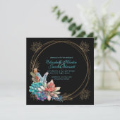 Sukkulente, aquamarine Schwarze Hochzeit Einladung (Stehend Vorderseite)