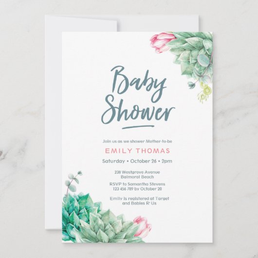 Sukkulente Blumensträuße Girl Baby Dusche Einladun Einladung (Vorderseite)