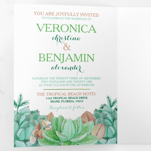 Sukkulente Bouquet Botanische Hochzeitssuite Dreifach Gefaltete Einladung (Innen Erste Seite)