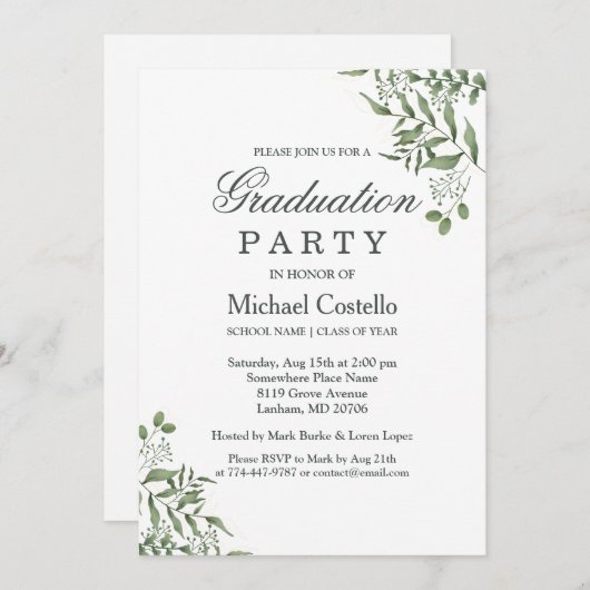 Sukkulente Eukalyptus-Blätter Graduierungspartei Einladung (Vorne/Hinten)