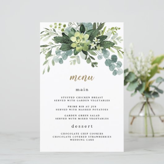 Sukkulente Eukalyptus Greenerity Wedding Menu Card (Stehend Vorderseite)