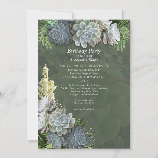 Sukkulente Farben blasser Blues Geburtstag Einladung (Vorderseite)