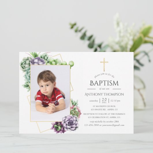 Sukkulente geometrische Taufe oder Weihnachten Einladung (Stehend Vorderseite)