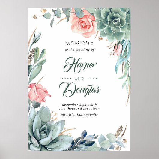 Sukkulente Grünpflanzen Blush Pink Hochzeitssymbol Poster (Vorne)