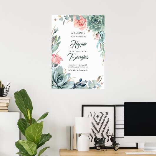 Sukkulente Grünpflanzen Blush Pink Hochzeitssymbol Poster (Heimbüro)