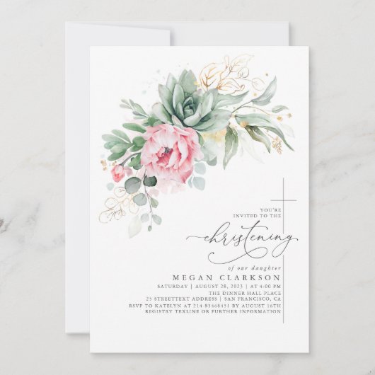 Sukkulente Grünpflanzen Rosa Blume Modernes Christ Einladung (Vorderseite)