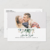 Sukkulente Grünpflanzen Weiße Rose Save the Date F Ankündigungspostkarte (Vorne/Hinten)