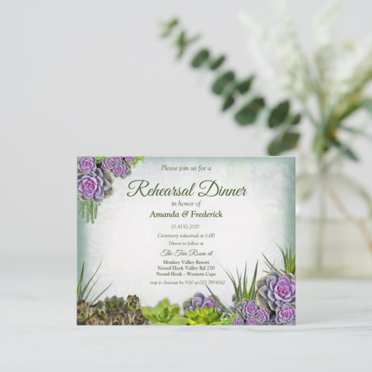 Sukkulente Grüntöne & Abendessen mit Violett-Probe Einladung (Stehend Vorderseite)