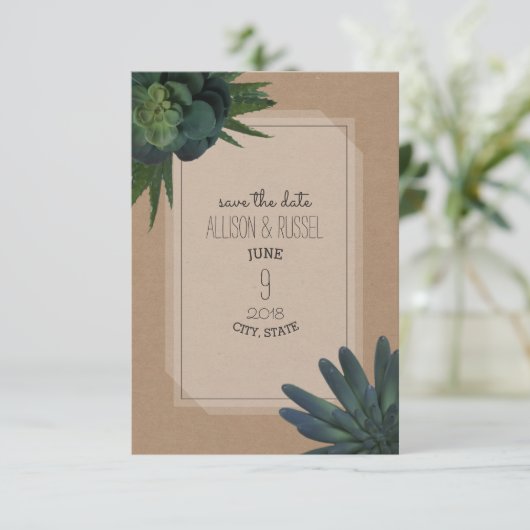 Sukkulente Inspirierte Hochzeit speichert das Datu Save The Date (Stehend Vorderseite)