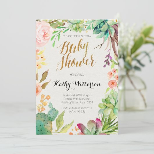 Sukkulente Kaktus Babydusche Einladung (Stehend Vorderseite)