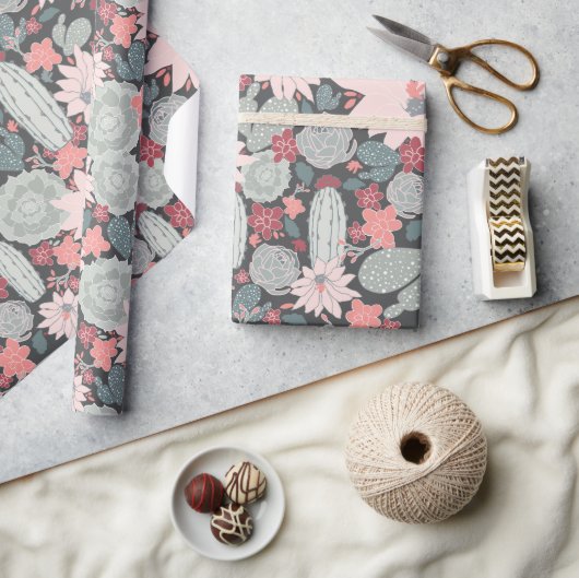Sukkulente Pflanze und Kaktusmuster in rosa Minze Geschenkpapier (Kunsthandwerk)