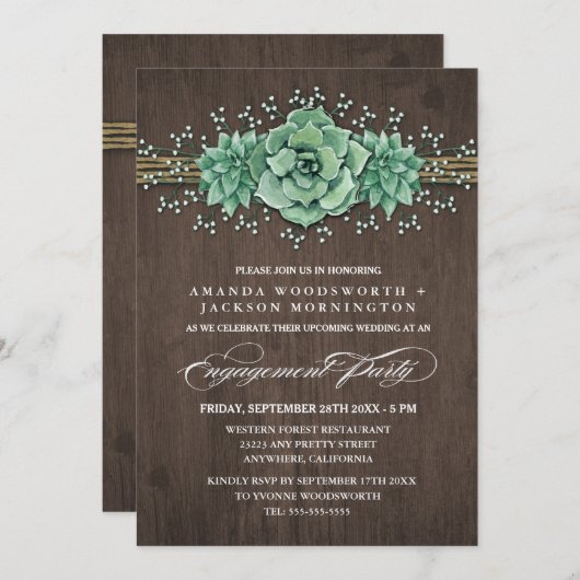 Sukkulente Rustikale Engagement Partei Einladungen (Vorne/Hinten)