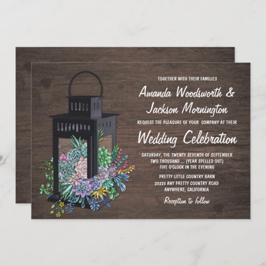 Sukkulente Rustikale Holzlattern Hochzeitseinladun Einladung (Vorne/Hinten)