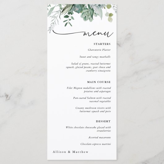 Sukkulente und Eukalyptus Greenerity Wedding Menu Menükarte (Vorderseite)