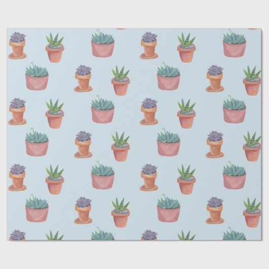 Sukkulente und Kakteen auf blauem Hintergrund Gesc Geschenkpapier (Flach)