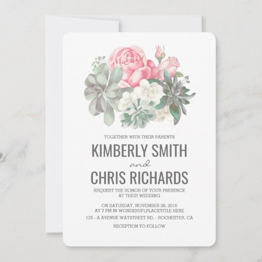 Sukkulente und rosa Blume Elegante Einfache Hochze Einladung (Vorderseite)