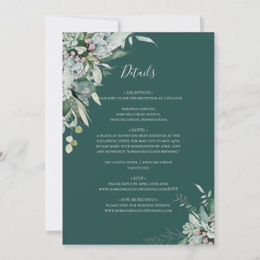 Sukkulente Vegetation | Dunkelgrün auf einer Hochz Einladung (Rückseite)