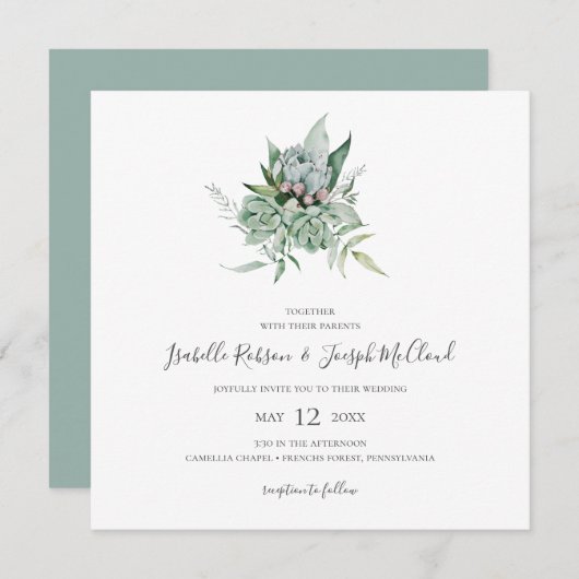 Sukkulente Vegetation | Sage Green Square Wedding Einladung (Vorne/Hinten)